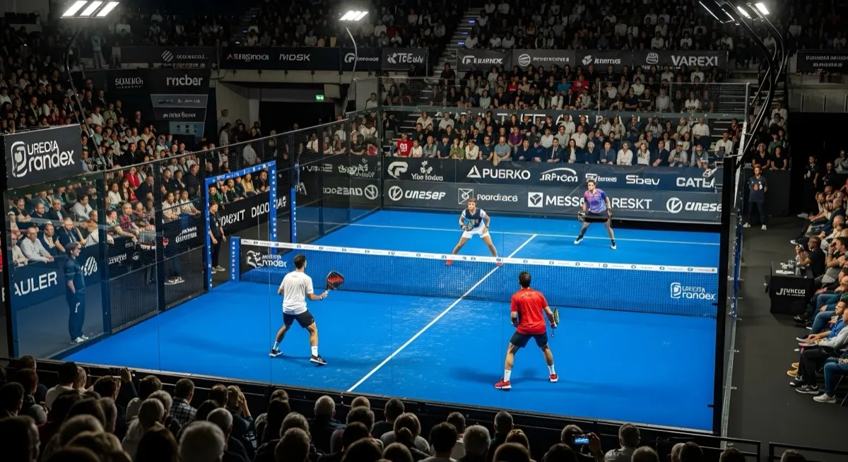 A doubles match on a padel court in front of a large crowd
