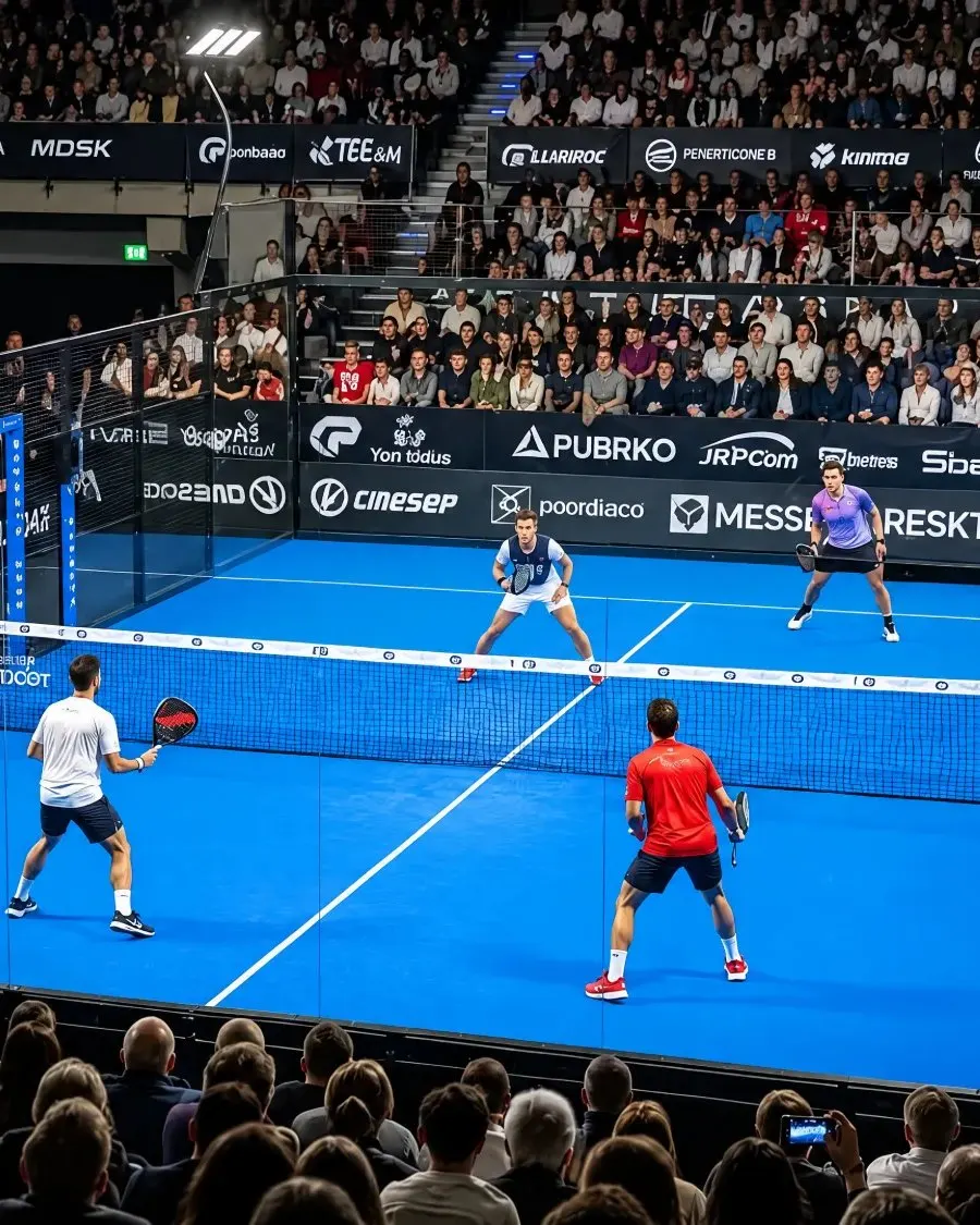 Four players in a doubles match on a show court, with a crowd watching