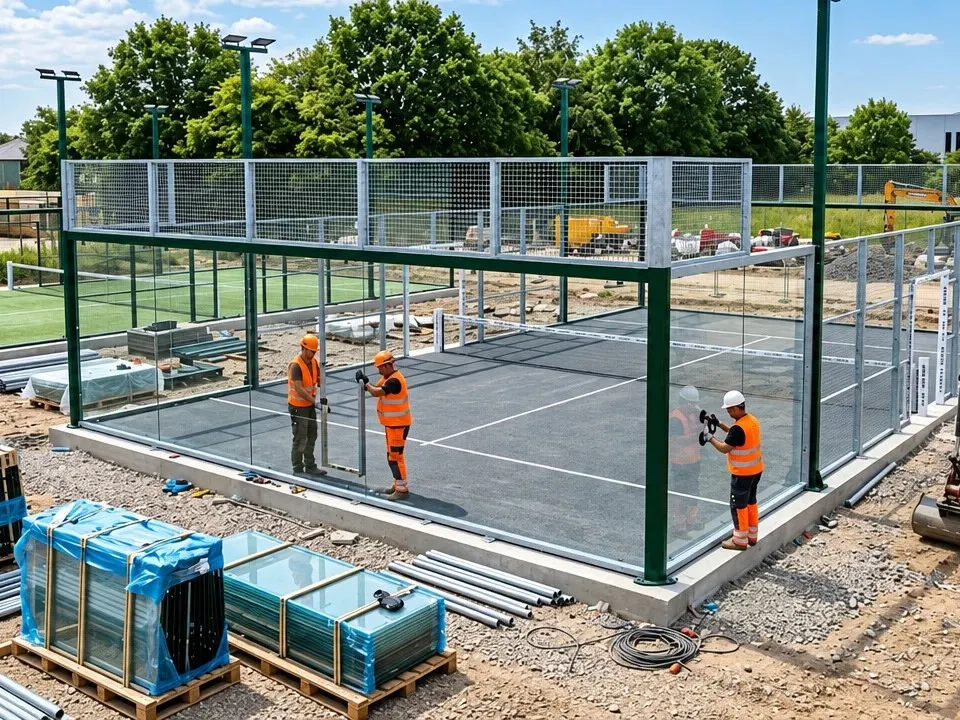 Contractors in hi-vis fitting the glass walls of a new padel court, with glass panels stacked on pallets